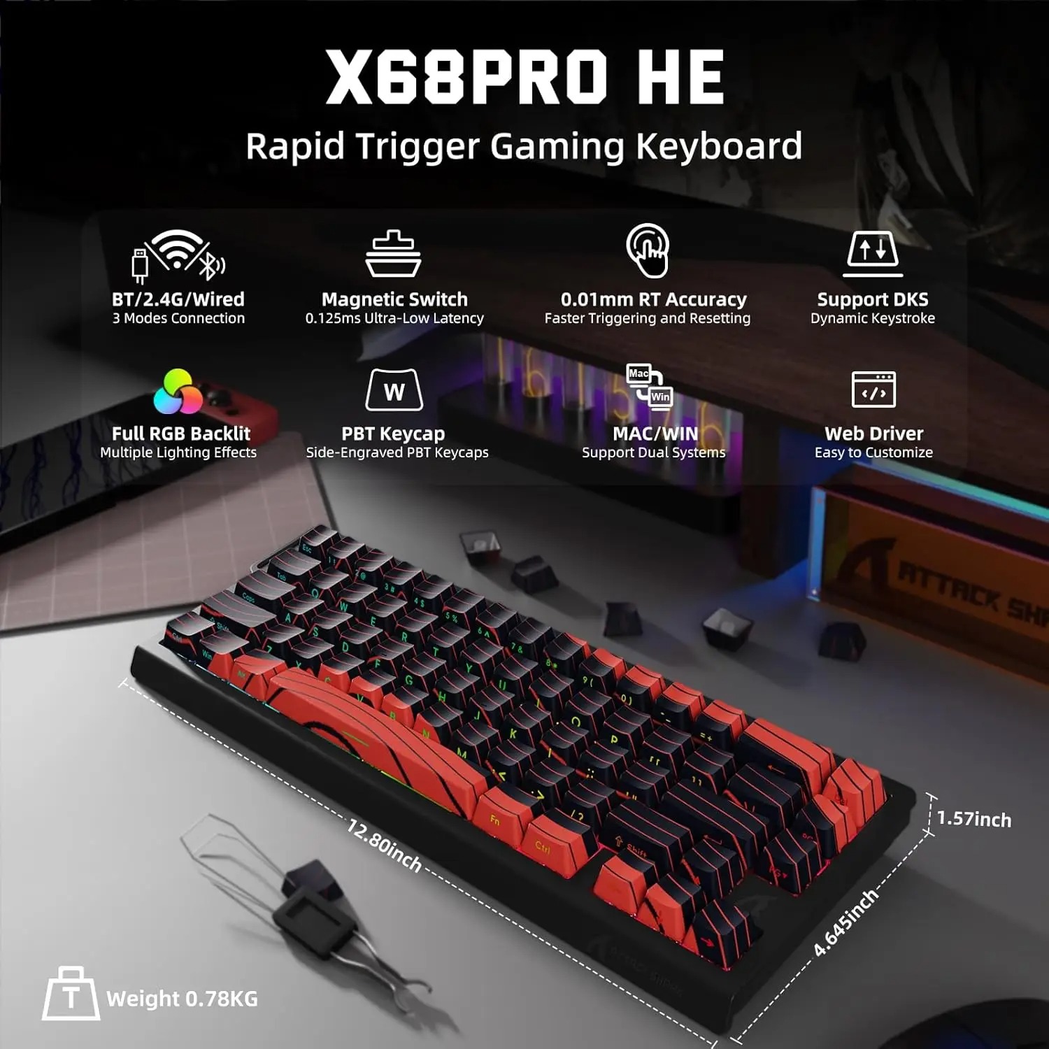 Gaming Keyboard Hot Swappable - ATTACK SHARK X68 PRO HE Wireless